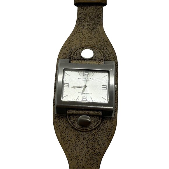Reaction Kenneth Cole Watch Women's Silver Tone Rectangle Leather Wide Cuff Band - Picture 1 of 6